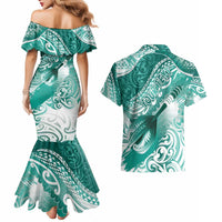 Personalised New Zealand Aotearoa Darts Masters Couples Matching Mermaid Dress and Hawaiian Shirt Maori Art Tattoo with Tribal Dart Symbol Teal Color - Polynesian Pride