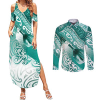 Personalised New Zealand Aotearoa Darts Masters Couples Matching Summer Maxi Dress and Long Sleeve Button Shirt Maori Art Tattoo with Tribal Dart Symbol Teal Color - Polynesian Pride