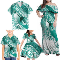 Personalised New Zealand Aotearoa Darts Masters Family Matching Off Shoulder Maxi Dress and Hawaiian Shirt Maori Art Tattoo with Tribal Dart Symbol Teal Color - Polynesian Pride