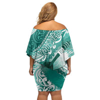 Personalised New Zealand Aotearoa Darts Masters Family Matching Off Shoulder Short Dress and Hawaiian Shirt Maori Art Tattoo with Tribal Dart Symbol Teal Color - Polynesian Pride