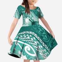 Personalised New Zealand Aotearoa Darts Masters Family Matching Short Sleeve Bodycon Dress and Hawaiian Shirt Maori Art Tattoo with Tribal Dart Symbol Teal Color LT03 Daughter's Dress Teal - Polynesian Pride