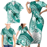 Personalised New Zealand Aotearoa Darts Masters Family Matching Short Sleeve Bodycon Dress and Hawaiian Shirt Maori Art Tattoo with Tribal Dart Symbol Teal Color LT03 - Polynesian Pride