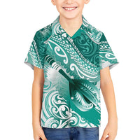 Personalised New Zealand Aotearoa Darts Masters Kid Hawaiian Shirt Maori Art Tattoo with Tribal Dart Symbol Teal Color - Polynesian Pride
