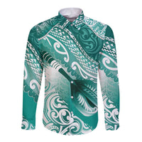 Personalised New Zealand Aotearoa Darts Masters Long Sleeve Button Shirt Maori Art Tattoo with Tribal Dart Symbol Teal Color - Polynesian Pride