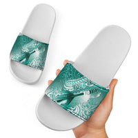 Personalised New Zealand Aotearoa Darts Masters Slide Sandals Maori Art Tattoo with Tribal Dart Symbol Teal Color - Polynesian Pride