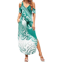 Personalised New Zealand Aotearoa Darts Masters Summer Maxi Dress Maori Art Tattoo with Tribal Dart Symbol Teal Color - Polynesian Pride