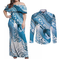 Personalised New Zealand Aotearoa Darts Masters Couples Matching Off Shoulder Maxi Dress and Long Sleeve Button Shirt Maori Art Tattoo with Tribal Dart Symbol Blue - Polynesian Pride