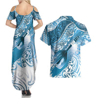 Personalised New Zealand Aotearoa Darts Masters Couples Matching Summer Maxi Dress and Hawaiian Shirt Maori Art Tattoo with Tribal Dart Symbol Blue - Polynesian Pride