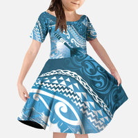 Personalised New Zealand Aotearoa Darts Masters Family Matching Off The Shoulder Long Sleeve Dress and Hawaiian Shirt Maori Art Tattoo with Tribal Dart Symbol Blue - Polynesian Pride