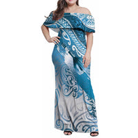 Personalised New Zealand Aotearoa Darts Masters Family Matching Off Shoulder Maxi Dress and Hawaiian Shirt Maori Art Tattoo with Tribal Dart Symbol Blue - Polynesian Pride