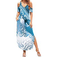 Personalised New Zealand Aotearoa Darts Masters Family Matching Summer Maxi Dress and Hawaiian Shirt Maori Art Tattoo with Tribal Dart Symbol Blue - Polynesian Pride