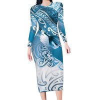 Personalised New Zealand Aotearoa Darts Masters Long Sleeve Bodycon Dress Maori Art Tattoo with Tribal Dart Symbol Blue - Polynesian Pride