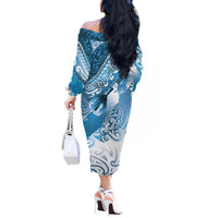 Personalised New Zealand Aotearoa Darts Masters Off The Shoulder Long Sleeve Dress Maori Art Tattoo with Tribal Dart Symbol Blue - Polynesian Pride