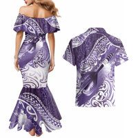 Personalised New Zealand Aotearoa Darts Masters Couples Matching Mermaid Dress and Hawaiian Shirt Maori Art Tattoo with Tribal Dart Symbol Purple - Polynesian Pride