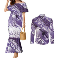 Personalised New Zealand Aotearoa Darts Masters Couples Matching Mermaid Dress and Long Sleeve Button Shirt Maori Art Tattoo with Tribal Dart Symbol Purple - Polynesian Pride