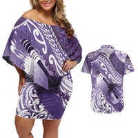 Personalised New Zealand Aotearoa Darts Masters Couples Matching Off Shoulder Short Dress and Hawaiian Shirt Maori Art Tattoo with Tribal Dart Symbol Purple - Polynesian Pride