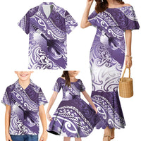 Personalised New Zealand Aotearoa Darts Masters Family Matching Mermaid Dress and Hawaiian Shirt Maori Art Tattoo with Tribal Dart Symbol Purple - Polynesian Pride