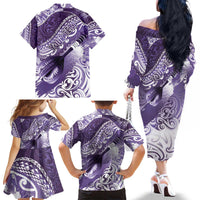 Personalised New Zealand Aotearoa Darts Masters Family Matching Off The Shoulder Long Sleeve Dress and Hawaiian Shirt Maori Art Tattoo with Tribal Dart Symbol Purple - Polynesian Pride