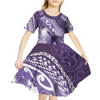 Personalised New Zealand Aotearoa Darts Masters Kid Short Sleeve Dress Maori Art Tattoo with Tribal Dart Symbol Purple - Polynesian Pride