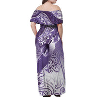 Personalised New Zealand Aotearoa Darts Masters Off Shoulder Maxi Dress Maori Art Tattoo with Tribal Dart Symbol Purple - Polynesian Pride