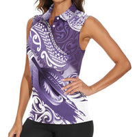 Personalised New Zealand Aotearoa Darts Masters Women Sleeveless Polo Shirt Maori Art Tattoo with Tribal Dart Symbol Purple - Polynesian Pride