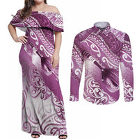 Personalised New Zealand Aotearoa Darts Masters Couples Matching Off Shoulder Maxi Dress and Long Sleeve Button Shirt Maori Art Tattoo with Tribal Dart Symbol Pink - Polynesian Pride