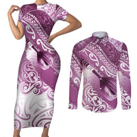 Personalised New Zealand Aotearoa Darts Masters Couples Matching Short Sleeve Bodycon Dress and Long Sleeve Button Shirt Maori Art Tattoo with Tribal Dart Symbol Pink - Polynesian Pride