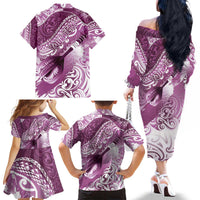 Personalised New Zealand Aotearoa Darts Masters Family Matching Off The Shoulder Long Sleeve Dress and Hawaiian Shirt Maori Art Tattoo with Tribal Dart Symbol Pink - Polynesian Pride