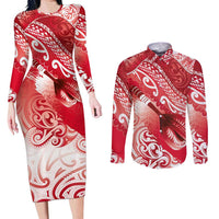Personalised New Zealand Aotearoa Darts Masters Couples Matching Long Sleeve Bodycon Dress and Long Sleeve Button Shirt Maori Art Tattoo with Tribal Dart Symbol Red - Polynesian Pride