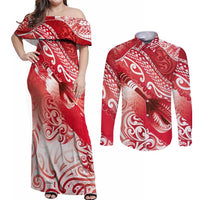Personalised New Zealand Aotearoa Darts Masters Couples Matching Off Shoulder Maxi Dress and Long Sleeve Button Shirt Maori Art Tattoo with Tribal Dart Symbol Red LT03 Red - Polynesian Pride