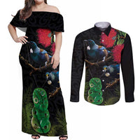 New Zealand Tui Couples Matching Off Shoulder Maxi Dress and Long Sleeve Button Shirt Guardians of the Hei Tiki - Maori Art and Plants LT03 Black - Polynesian Pride