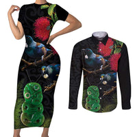 New Zealand Tui Couples Matching Short Sleeve Bodycon Dress and Long Sleeve Button Shirt Guardians of the Hei Tiki - Maori Art and Plants LT03 Black - Polynesian Pride