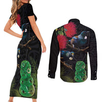 New Zealand Tui Couples Matching Short Sleeve Bodycon Dress and Long Sleeve Button Shirt Guardians of the Hei Tiki - Maori Art and Plants LT03 - Polynesian Pride