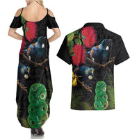 New Zealand Tui Couples Matching Summer Maxi Dress and Hawaiian Shirt Guardians of the Hei Tiki - Maori Art and Plants LT03 - Polynesian Pride
