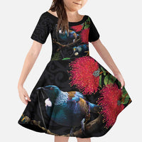 New Zealand Tui Family Matching Long Sleeve Bodycon Dress and Hawaiian Shirt Guardians of the Hei Tiki - Maori Art and Plants LT03 Daughter's Dress Black - Polynesian Pride