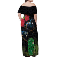 New Zealand Tui Off Shoulder Maxi Dress Guardians of the Hei Tiki - Maori Art and Plants LT03 - Polynesian Pride