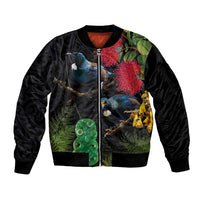 New Zealand Tui Sleeve Zip Bomber Jacket Guardians of the Hei Tiki - Maori Art and Plants LT03 Unisex Black - Polynesian Pride