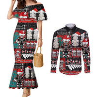 New Zealand Christmas Couples Matching Mermaid Dress and Long Sleeve Button Shirt Maori Christmas Spirit - Meri Kirihimete LT03 Black - Polynesian Pride