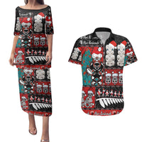 New Zealand Christmas Couples Matching Puletasi and Hawaiian Shirt Maori Christmas Spirit - Meri Kirihimete LT03 Black - Polynesian Pride