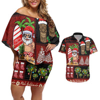 Hawaiian Christmas Couples Matching Off Shoulder Short Dress and Hawaiian Shirt - Mele Kalikimaka Island Holiday Vibes - Black Red LT03 Black - Red - Polynesian Pride
