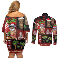 Hawaiian Christmas Couples Matching Off Shoulder Short Dress and Long Sleeve Button Shirt - Mele Kalikimaka Island Holiday Vibes - Black Red LT03 - Polynesian Pride
