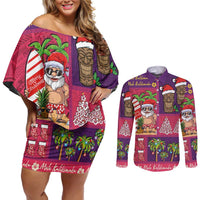 Hawaiian Christmas Couples Matching Off Shoulder Short Dress and Long Sleeve Button Shirt - Mele Kalikimaka Island Holiday Vibes - Pink Purple LT03 Pink - Purple - Polynesian Pride