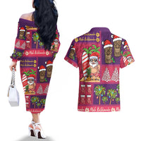 Hawaiian Christmas Couples Matching Off The Shoulder Long Sleeve Dress and Hawaiian Shirt - Mele Kalikimaka Island Holiday Vibes - Pink Purple LT03 - Polynesian Pride