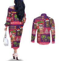 Hawaiian Christmas Couples Matching Off The Shoulder Long Sleeve Dress and Long Sleeve Button Shirt - Mele Kalikimaka Island Holiday Vibes - Pink Purple LT03 - Polynesian Pride