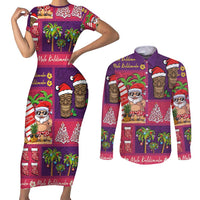 Hawaiian Christmas Couples Matching Short Sleeve Bodycon Dress and Long Sleeve Button Shirt - Mele Kalikimaka Island Holiday Vibes - Pink Purple LT03 Pink - Purple - Polynesian Pride