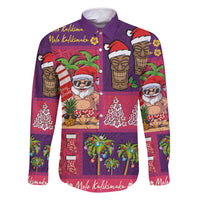 Hawaiian Christmas Family Matching Long Sleeve Bodycon Dress and Hawaiian Shirt - Mele Kalikimaka Island Holiday Vibes - Pink Purple LT03 Dad's Shirt - Long Sleeve Pink - Purple - Polynesian Pride