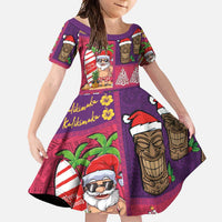 Hawaiian Christmas Family Matching Short Sleeve Bodycon Dress and Hawaiian Shirt - Mele Kalikimaka Island Holiday Vibes - Pink Purple LT03 Daughter's Dress Pink - Purple - Polynesian Pride