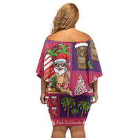 Hawaiian Christmas Off Shoulder Short Dress - Mele Kalikimaka Island Holiday Vibes - Pink Purple