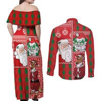 Australian Christmas Couples Matching Off Shoulder Maxi Dress and Long Sleeve Button Shirt - Santa Koala Kangaroo and Holiday Cheer