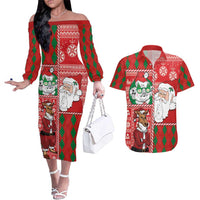 Australian Christmas Couples Matching Off The Shoulder Long Sleeve Dress and Hawaiian Shirt - Santa Koala Kangaroo and Holiday Cheer LT03 Red - Polynesian Pride